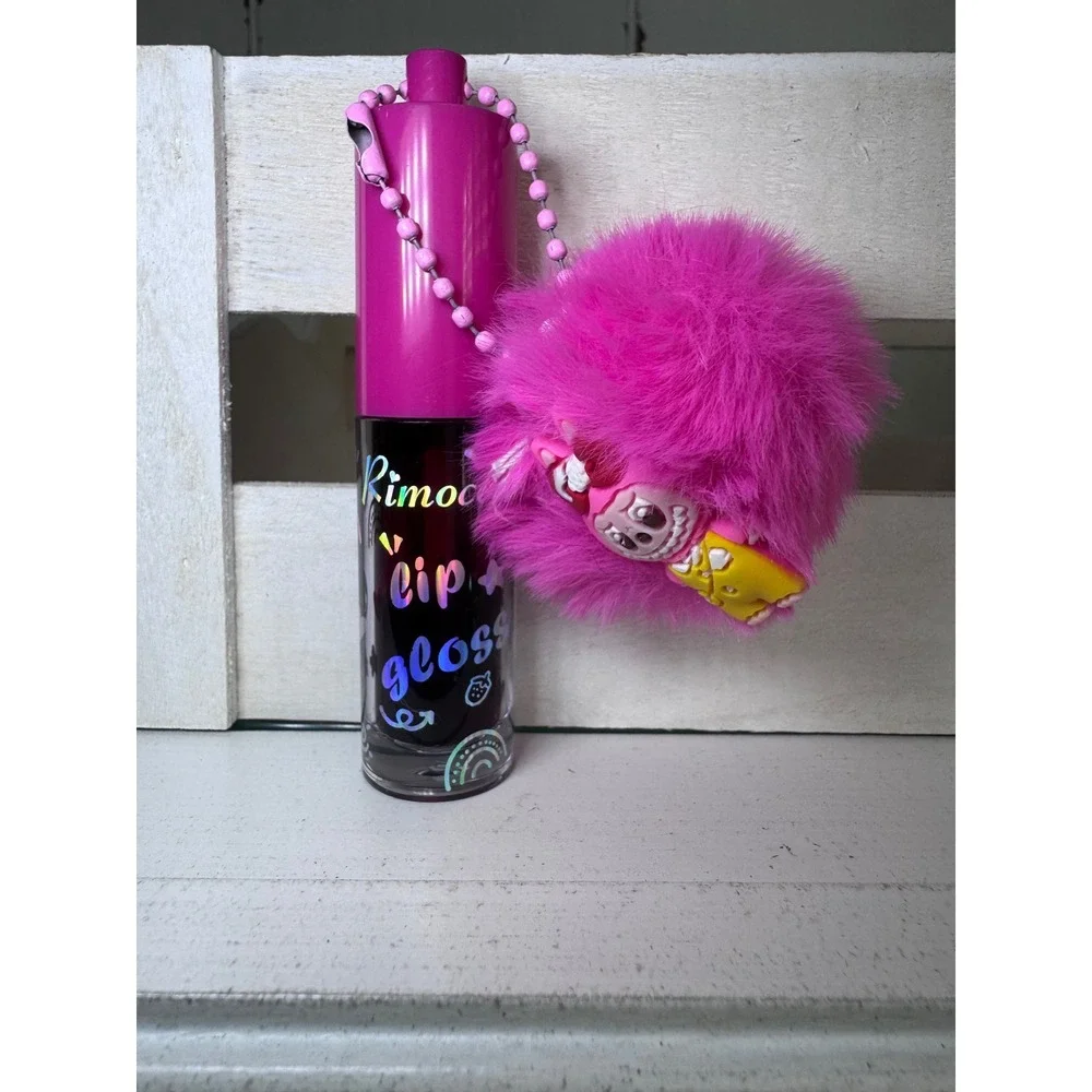 Rimocel Lip Gloss Berry Tint Magenta Tube with Pink Pom Pom Character Keychain